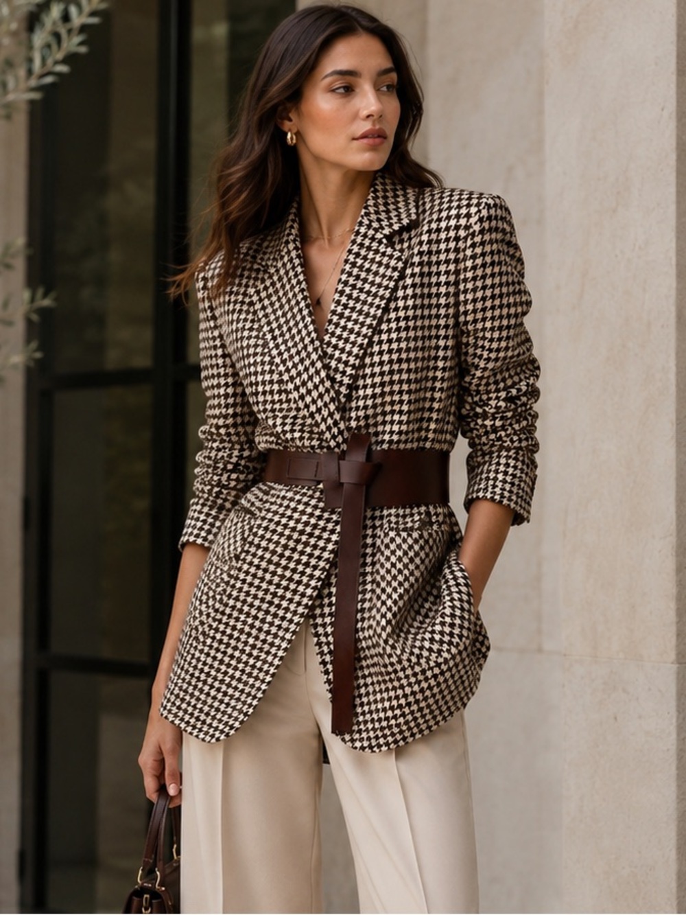 COMMENSE Houndstooth Split Blazer